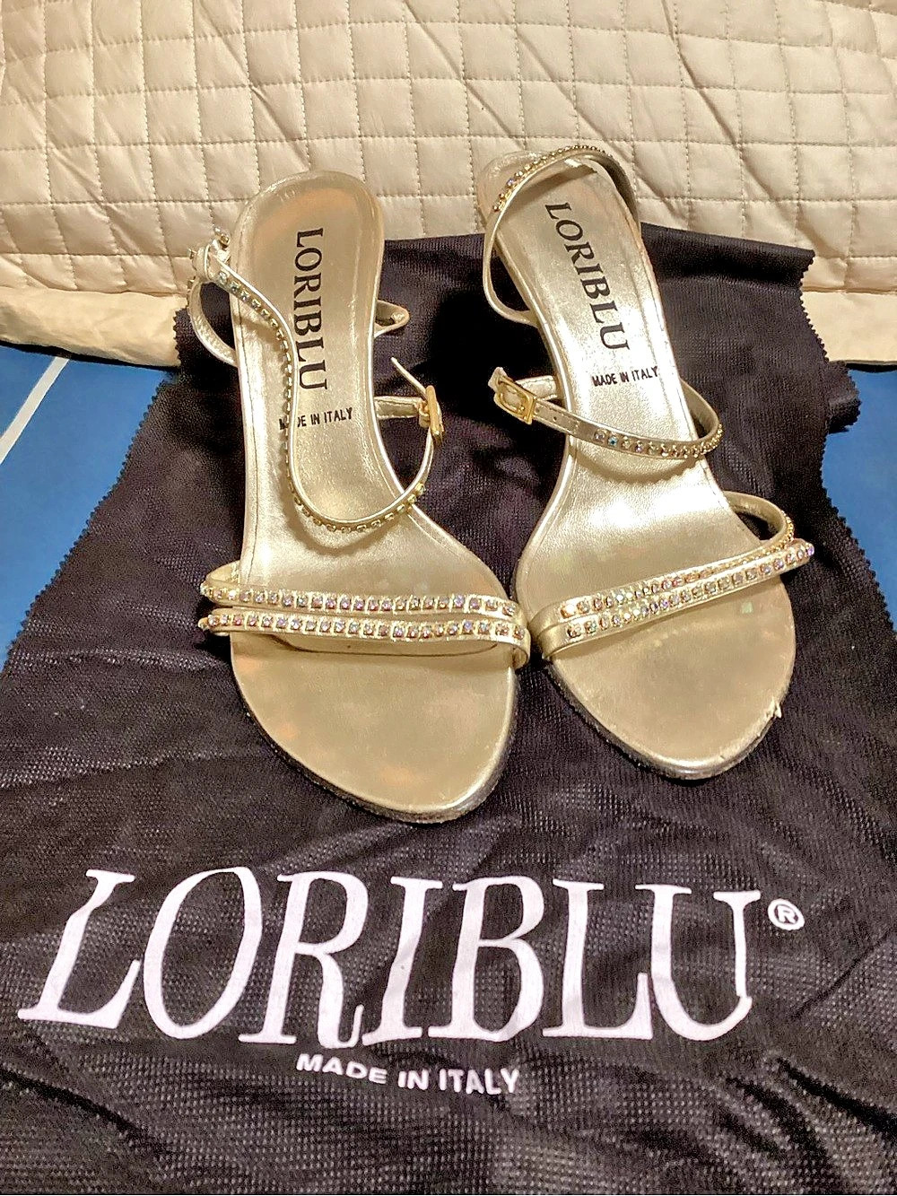 Loriblu Rhinestone Strap Heels in Gold & Black US 9